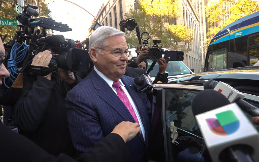 U.S. Sen. Bob Menendez, D-N.J., departs court after pleading not guilty to new charges on Oct. 23, 2023, in New York. 
