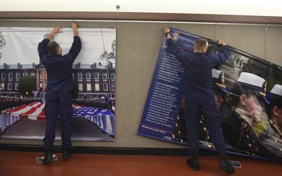 A new exhibit in the Connecticut State Capitol is set up to honor the Coast Guard, Feb. 8, 2022. The exhibit consists of 24 panels and historical artifacts on display in the concourse between the Legislative Office Building and the Capitol Building and honors and highlights the rich history of the Coast Guard with an emphasis on Connecticut based Coast Guard units. 