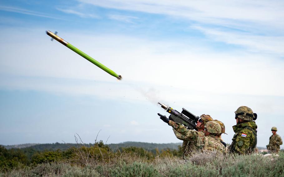 U.S. Army paratroopers assigned to the 173rd Airborne Brigade fire a FIM-92 Stinger during an air defense exercise alongside soldiers with the Croatian Air Defense Regiment. The training was part of exercise Operation Shield near Pula, Croatia, on April 9, 2022.