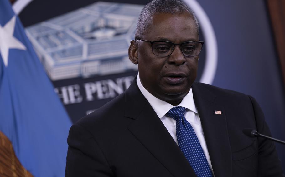 Defense Secretary Lloyd Austin answers questions July 20, 2022, during a news conference at the Pentagon. Austin on Monday, Aug. 15, 2022, announced he tested positive for coronavirus and is experiencing mild symptoms.