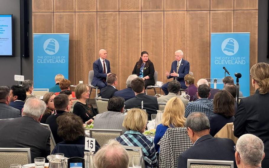 Ukrainian Ambassador Oksana Markarova and former Sen. Rob Portman spoke at a City Club of Cleveland forum before participating in a panel discussion at Cleveland State University.