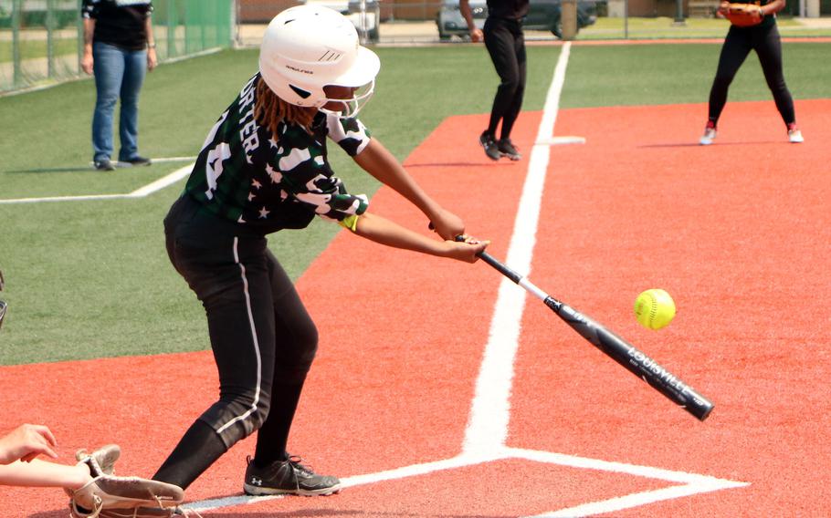 Daegu's India Acevedo reaches down to make contact against Edgren.