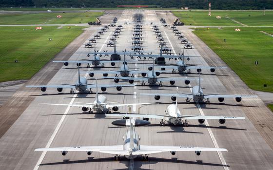 Air Force, Navy, Marine Corps and Army Patriot missile batteries take part in an elephant walk at Kadena Air Base, Okinawa, May 6, 2025.