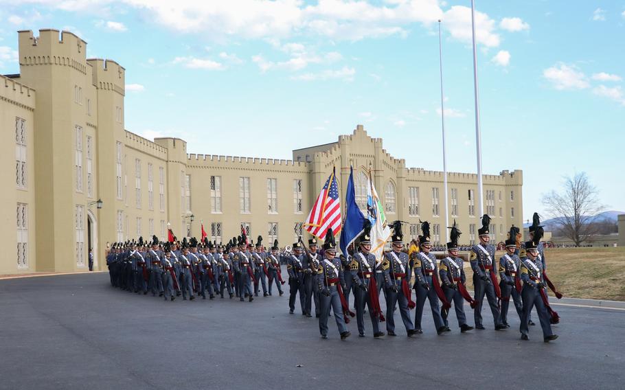 A formation at Virginia Military Institute in February 2022. The nation’s oldest military college typically enrolls about 500 new cadets at the start of its renowned “Hell Week” — a period of grueling training and verbal abuse — each August. The freshmen who began Hell Week last month: 375.