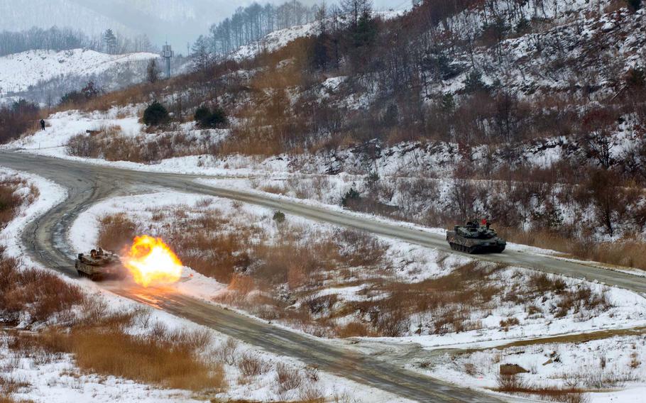 A South Korean tank fires a round during training with the U.S. Army at Nightmare Range in Pocheon, South Korea, on Jan. 4, 2024.