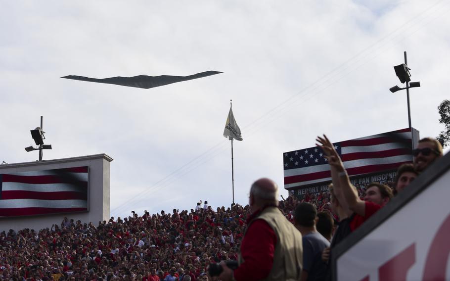 A B-2 Spirit from Whiteman Air Force Base, Mo., opens the 104th Rose Bowl with a flyover in Pasadena, Calif., Jan. 1, 2018. T