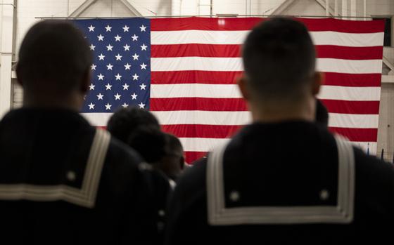 Sailors at Naval Station Norfolk in Norfolk, Virginia on Feb. 3, 2023. (Billy Schuerman/Staff)