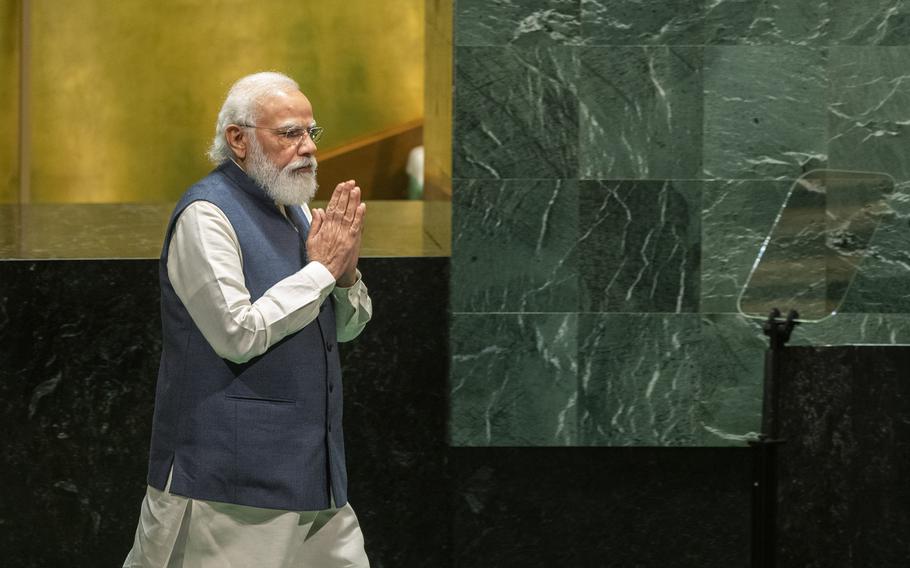 India’s Prime Minister Narendra Modi arrives to address the 76th Session of the U.N. General Assembly at United Nations headquarters in New York, on Saturday, Sept. 25, 2021. 