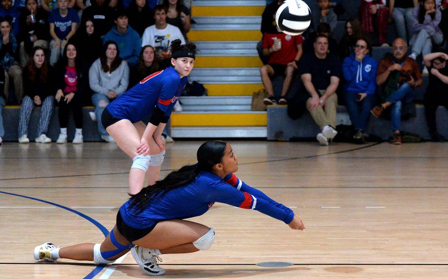 Ramstein’s Brooklyn Vaovasa returns a Wiesbaden serve in the Division I championship game at the DODEA-Europe volleyball championships at Ramstein, Germany, Oct. 28, 2023. The Royals fell to the Warriors 25-18, 12-25, 25-16, 22-25,15-13.