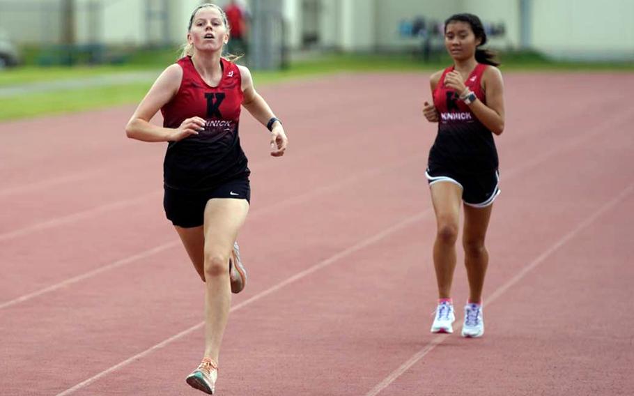 Nile C. Kinnick’s Bree Withers and Mia Bartram crossed the finish line 1-2 during Saturday’s DODEA-Japan cross country meet at Robert D. Edgren.