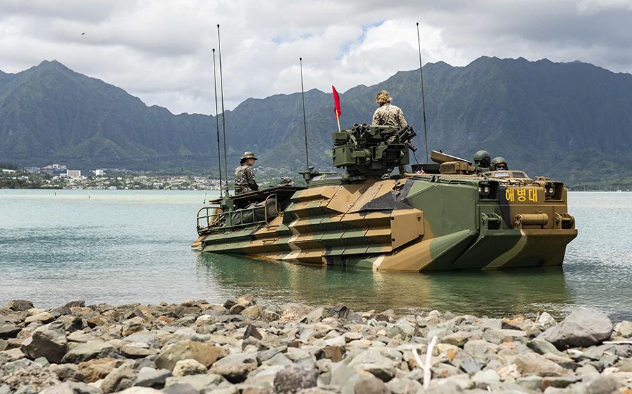 A Republic of Korea marine amphibious assault vehicle is seen in Kailua Bay, Hawaii, on July 6, 2022 during a military exercise.