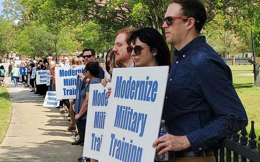 Nearly 50 people showed up Thursday, April 14, 2022, to protest against the use of live animals in medical training at the Naval Medical Center Portsmouth.