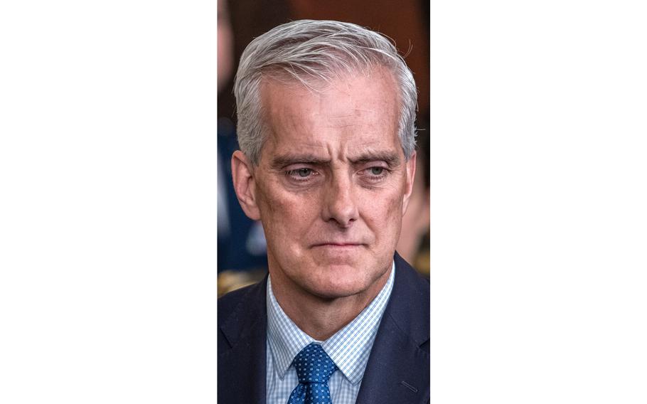 VA Secretary Denis McDonough attends an event at the White House on March 3, 2023. In April, McDonough ordered a halt to a troubled computer system’s rollout, but it continues to be used in facilities serving about 200,000 veterans during what the department is calling a “reset” period. 