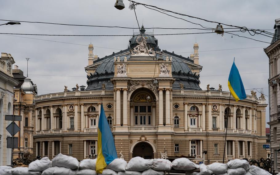 Sandbags and barricades have been placed near the Odesa National Academic Opera and Ballet Theater in downtown Odesa, Ukraine. "It's the most magical place I've ever been," says one dancer. 