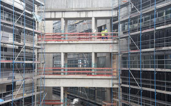 Progress continues on the new military hospital being constructed at Rhine Ordnance Barracks in Germany, as seen on Feb. 10, 2025. About $23,000 worth of tools and equipment was stolen sometime last week from the construction site. 
