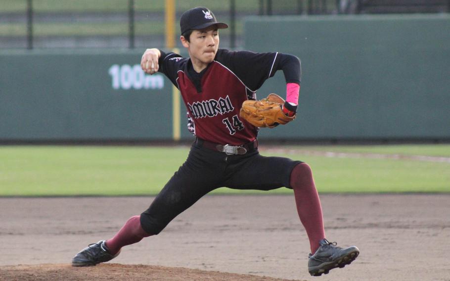 Matthew C. Perry's Taisei Shimakura delivers against E.J. King during Friday's DODEA-Japan baseball game. The Samurai and Cobras split a twin bill, the Cobras winning 6-0 and the Samurai getting their first victory over King this season, 7-3.