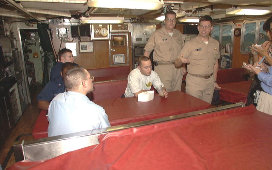Navy Lt. Cmdr. Eric Holloway, executive officer for USS Bremerton, explains how busy the mess decks are for the 130-man crew. 