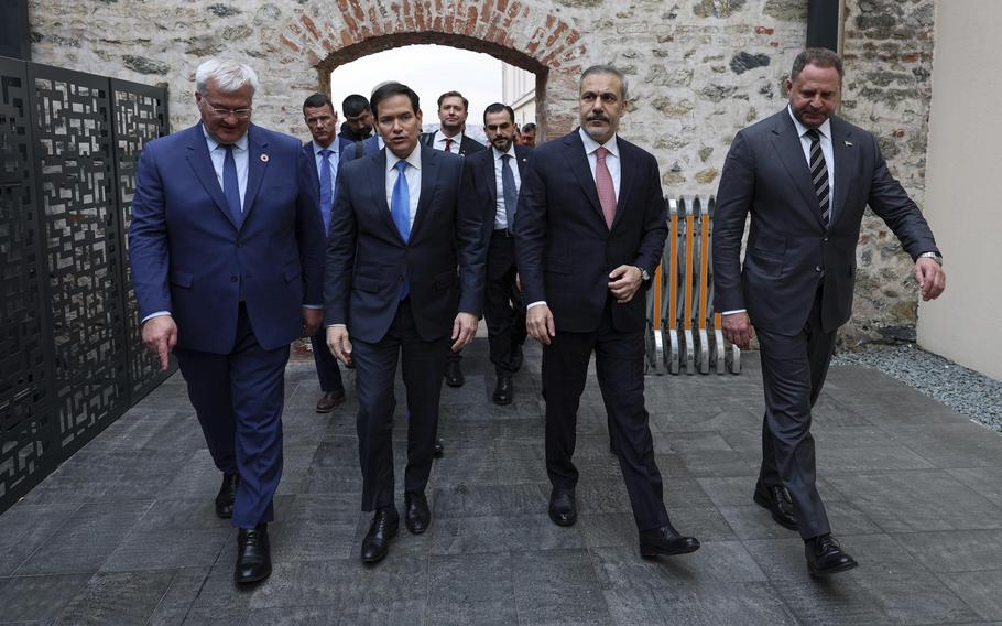 Ukraine’s Foreign Minister Andrii Sybiha, U.S. Secretary of State Marco Rubio, Turkish Foreign Minister Hakan Fidan and Ukrainian Head of Presidential Office Andriy Yermak arrive for a meeting at Dolmabahce palace in Istanbul, Turkey, Friday, May 16, 2025. 