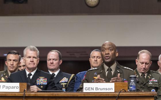 Navy Adm. Samuel Paparo, commander, U.S. Indo-Pacific Command, left, and Army Gen. Xavier T. Brunson, commander, United Nations Command/Combined Forces Command/U.S. Forces Korea testify Thursday, April 10, 2025, during a Senate Armed Services Committee hearing to receive testimony on the posture of United States Indo-Pacific Command and United States Forces Korea in review of the Defense Authorization Request for Fiscal Year 2026 and the Future Years Defense Program in Washington. (Eric Kayne/Stars and Stripes)
