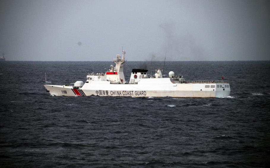 China coast guard vessel 1108 appears to be armed with a deck-mounted machine gun as it steams near the Senkaku Islands, May 1, 2023.