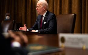 President Joe Biden delivers remarks during a meeting with Vice President Kamala Harris and members of the Infrastructure Implementation Task Force in the Cabinet Room of the White House on Thursday. MUST CREDIT: Washington Post photo by Demetrius Freeman