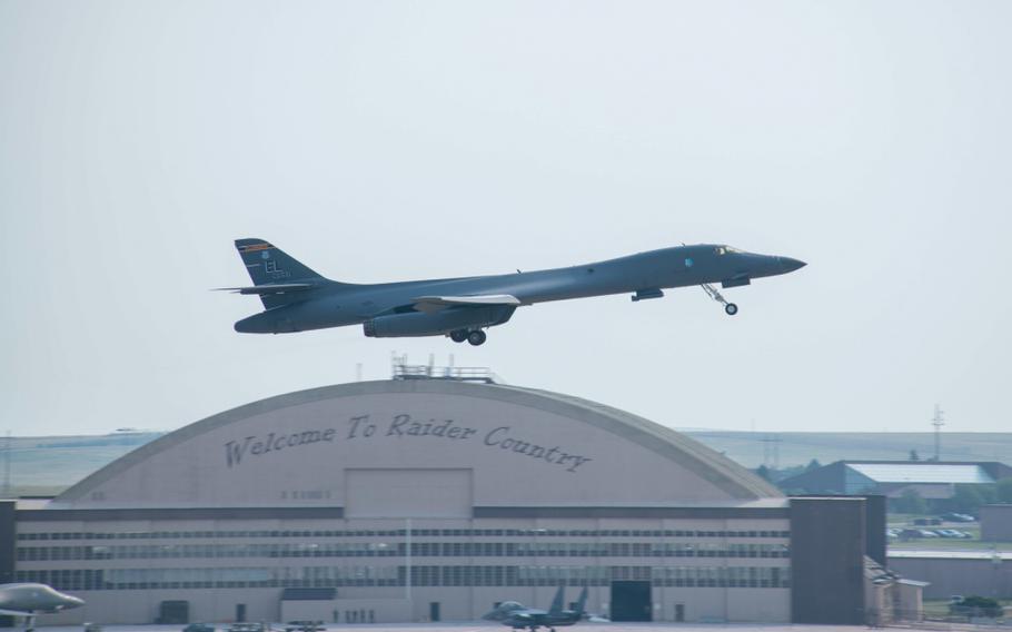 A 34th Bomb Squadron B-1B Lancer gains altitude at Ellsworth Air Force Base, S.D., July 20, 2021. The B-1 was one of the first aircraft to take off as part of exercise Combat Raider 21, which is designed to train aircrew in a wide range of operations against modern threats. 