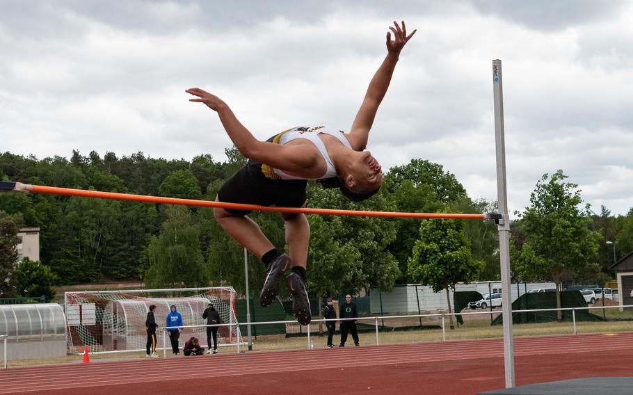 Kai Lewis of Stuttgart won the boys high jump competition at the 2025 DODEA European Track and Field Championships with a jump of 6 feet, 1 inch on May 22, 2025. 