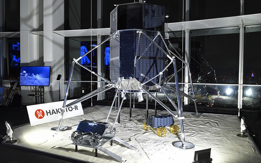 The HAKUTO-R Moon Lander & Moon Rover are on display in Tokyo on Feb. 21, 2019. 