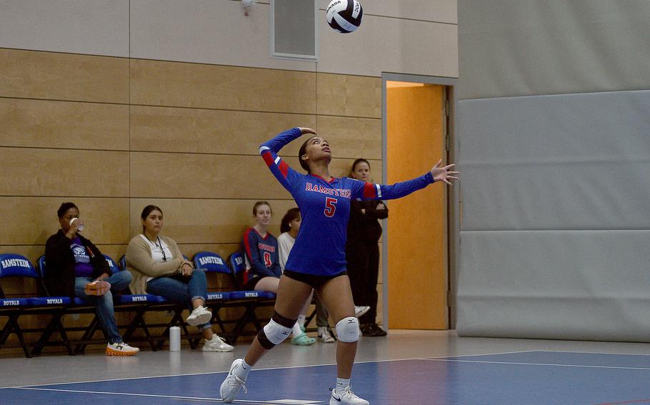 Ramstein's Brooklyn Vaovasa serves against Lakenheath during pool-play action of the DODEA European volleyball championships on Oct. 26, 2023, at Ramstein High School on Ramstein Air Base, Germany.