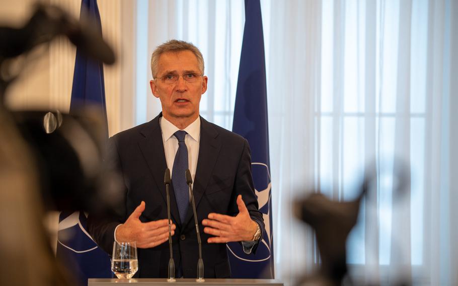 NATO Secretary-General Jens Stoltenberg speaks to reporters during a meeting with Latvian President Egils Lvits, in Riga, Latvia, March 8, 2022. Stoltenberg said there are credible indications that Russian military members are committing war crimes in Ukraine. 