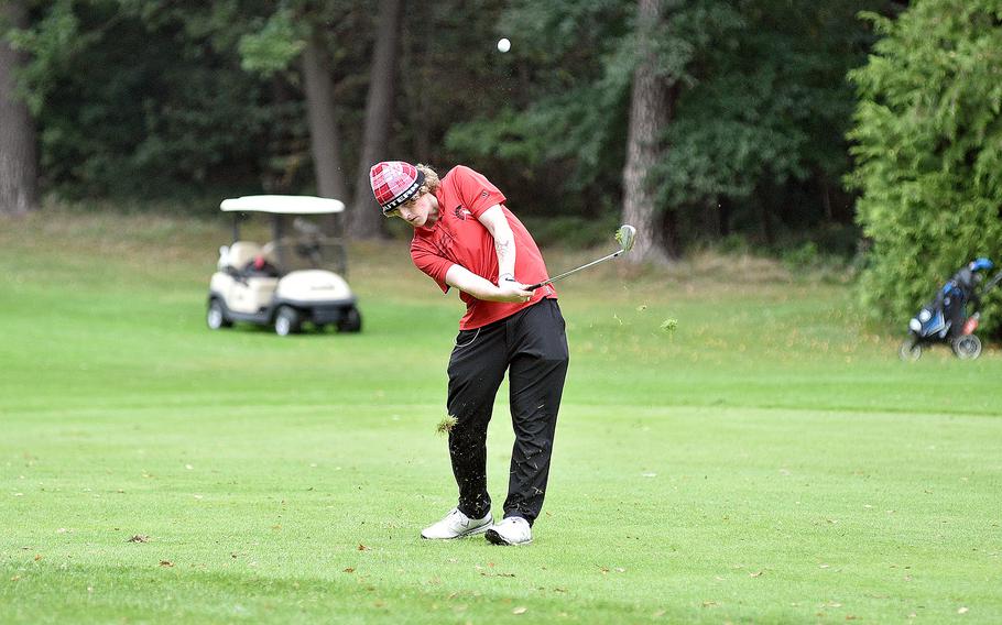 Kaiserslautern's Logan Mitchell hits the ball on the No. 1 fairway at Woodlawn Golf Course on Ramstein Air Base, Germany, during the first day of the DODEA European golf championships on Oct. 12, 2023.