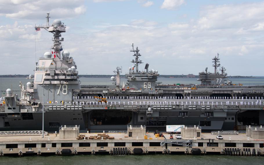 The USS Gerald R. Ford beside the USS Dwight D. Eisenhower and the USS George H. W. Bush at Naval Base Norfolk. The Navy’s 2025 budget will fund work on two new Ford-class carriers, one of which is slated to replace the Eisenhower by 2027.