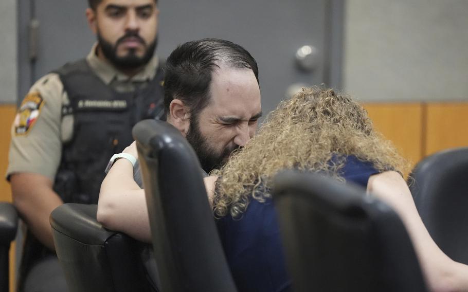 Daniel Perry reacts after being sentenced to 25 years for the murder of Garrett Foster at the Blackwell-Thurman Criminal Justice Center in Austin, Texas, on Wednesday May 10, 2023. Perry was convicted of murder in April for killing Foster during a Black Lives Matter protest in July 2020. 