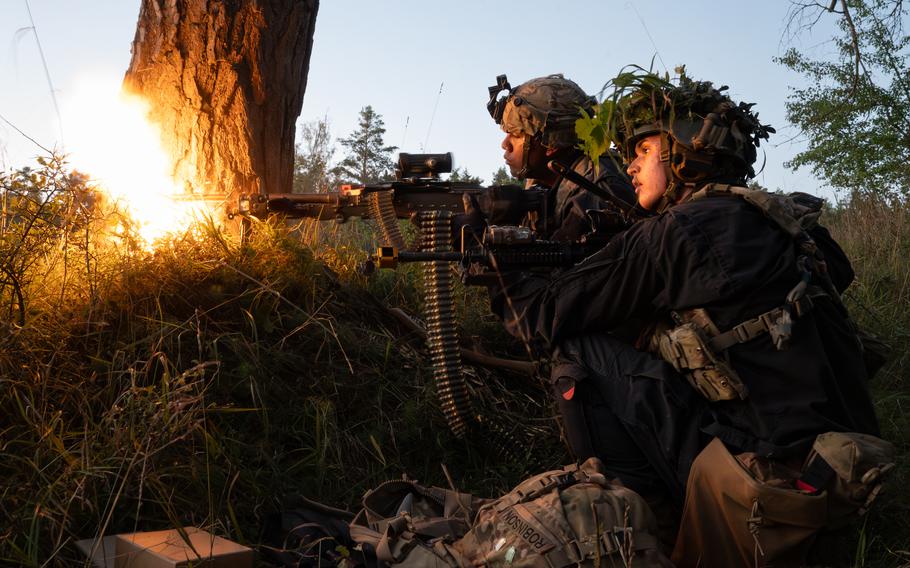 U.S. soldiers suppress a simulated attack during exercise Saber Junction at Hohenfels Training Area in Germany in September 2023. It was announced following a NATO meeting in Brussels on Jan. 18, 2024, that the alliance's largest exercise since the Cold War, Steadfast Defender, will take place in Europe with 90,000 troops participating.