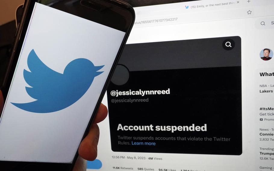 This May 11, 2023, image taken in New York shows the account suspended notice of Jessica Reed on the Twitter page of her younger sister Emily Reed. On May 8, 2023, Twitter CEO Elon Musk announced the platform would be “purging accounts that have had no activity at all for several years.” 