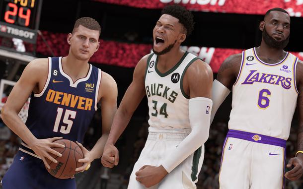 A screenshot of Nikola Jokic, Giannis Antetokounmpo and LeBron James in NBA 2K23, the professional basketball video game facing controversy from fans who are worried that the game’s developers aren’t listening to them. 