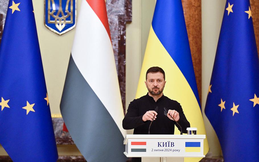 Ukraine’s President Volodymyr Zelenskyy speaks during a briefing in Kyiv on July 2, 2024.