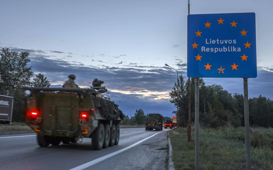 A U.S. 2nd Cavalry Regiment convoy crosses the border into Lithuania from Poland, June 7, 2018. While U.S. troops have been active in Eastern Europe on a rotational basis, Lithuania is asking for a permanent presence. 