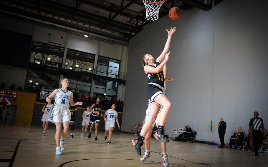 Bahrain Falcon Brooklyn Barrett goes for a layup during the third quarter against the Rota Admirals at the DODEA-Europe Division II girls basketball tournament at Ramstein Air Base, Germany, Feb. 15, 2023.