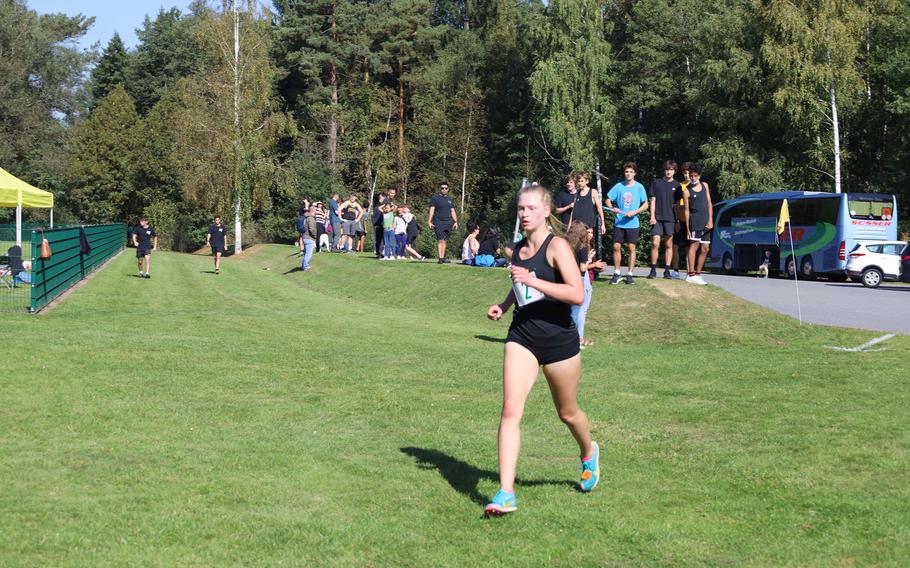 Stuttgart’s Sydney Lamphier finished first in the girls’ race with a time of 21 minutes, 28 seconds at Vilseck, Germany, Saturday, Sept. 25, 2021.