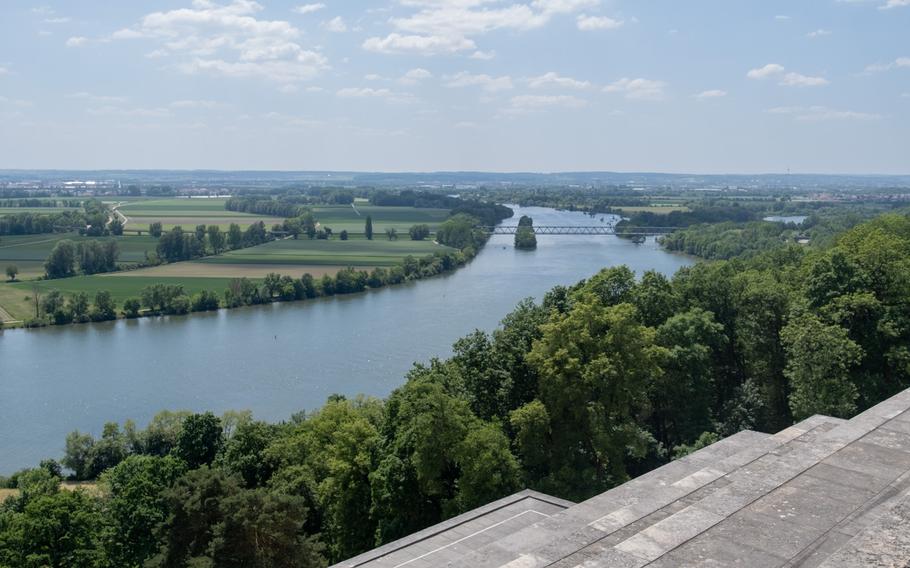 The Danube River forms the backdrop to Walhalla, a monument near Regensburg, Germany, that was built in the 1840s.