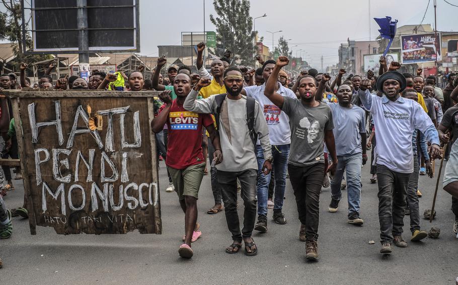 Residents protest against the United Nations peacekeeping force (MONUSCO) deployed in the Democratic Republic of the Congo in Goma on Tuesday July 26, 2022.