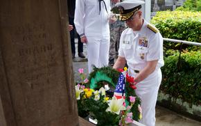The commander of Naval Forces Japan, Rear Adm. Carl Lahti, lays a wreath during a memorial service at Gyokusenji Temple in Shimoda, Japan, May 19, 2023. The service was part of the city's 84th annual Black Ship Festival.