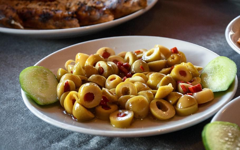 Green olives provide a refreshing accompaniment to heavier foods as part of appetizers at the Royal Restaurant and Bar outside Incirlik Air Base, Turkey.