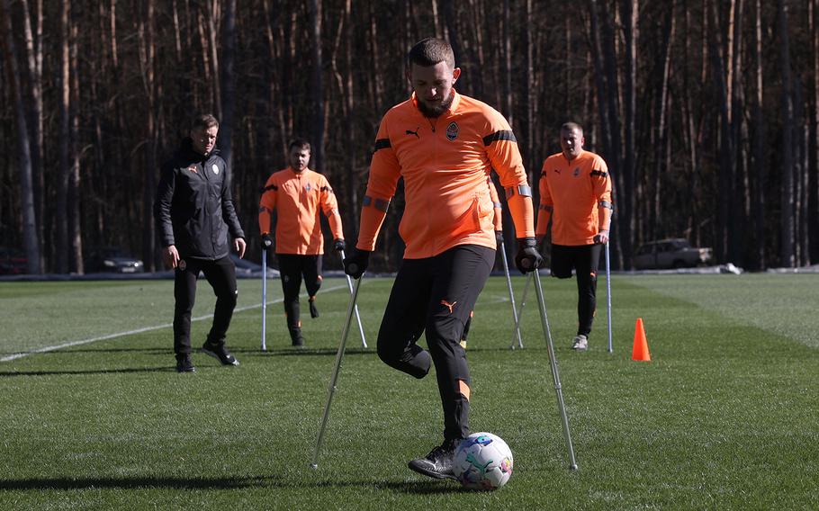 Members of the Shakhtar football club team for amputee veterans of the Russian-Ukrainian war take part in a training session in Kyiv, on March 11, 2024, amid the Russian invasion in Ukraine. 
