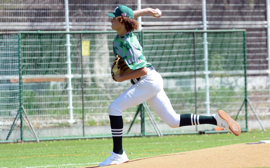 Kubasaki right-hander Brodie Romnek delivers in Saturday’s 6-4 win over St. Mary’s. Romnek got the save, striking out the side in the seventh.