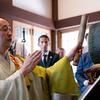 Buddhist priest Kounen Ujida chants during a ceremony honoring U.S. bomber crews from World War II at Aburayama Kannon Temple in Fukuoka, Japan, June 20, 2025.
