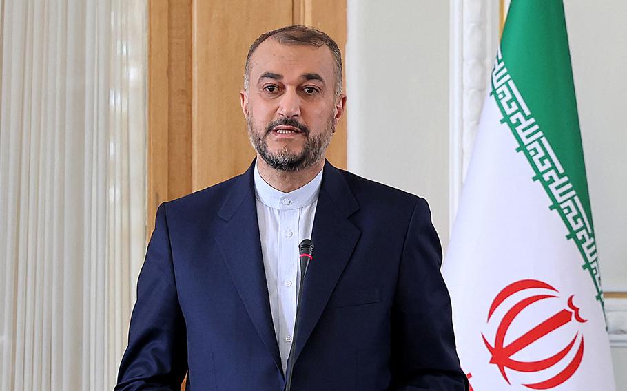 Iran’s Foreign Minister Hossein Amirabdollahian speaks during a joint press conference with his Qatari counterpart at the foreign ministry headquarters in Tehran, Iran, on July 7, 2022.