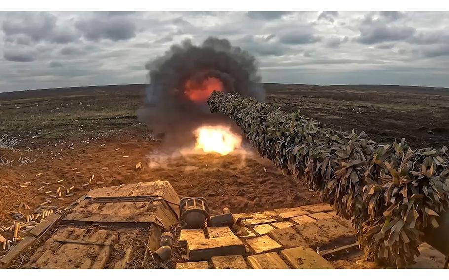 A video screen grab shows a Russian tank fireing in an undisclosed location in Ukraine on April 4, 2024. According to reports on Friday, April 5, Ukraine is claiming to have destroyed six Russian jets during a drone attack.