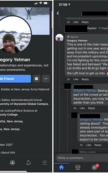 A screenshot of Gregory Yetman’s Facebook posts. Yetman, a military police officer with the Army National Guard who participated in the breach of the Capitol on Jan. 6, 2021, pleaded guilty April 25, 2024, in federal court to a felony offense of assaulting, resisting or impeding officers with physical contact.